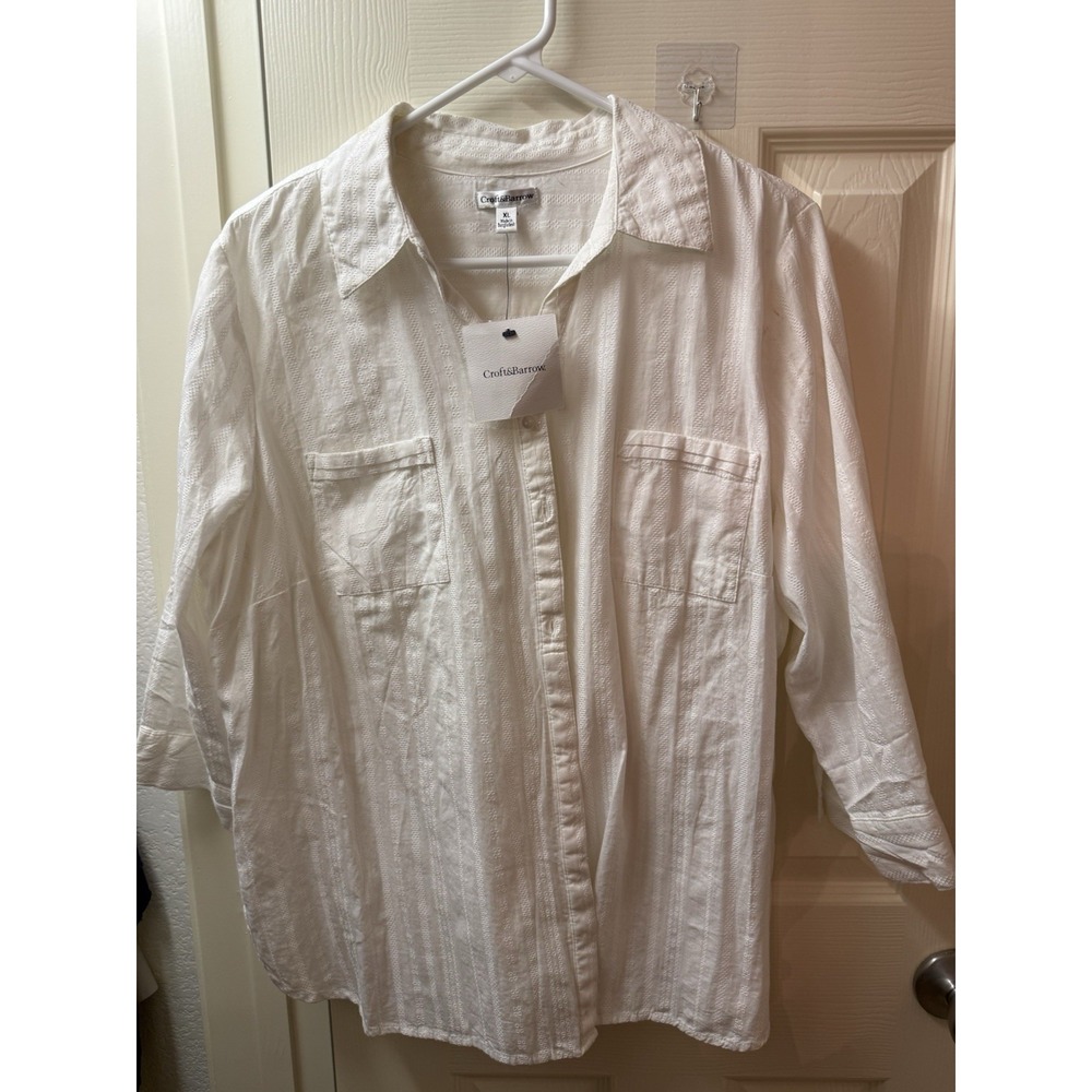 Croft & Barrow Womens XL Ivory Button Up Roll Tab Sleeve Textured Shirt NWT